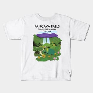 Pancava Falls Špindlerův Mlýn, Czechia travel poster. Kids T-Shirt